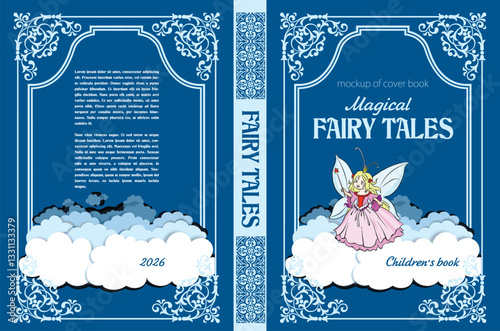 013-31-fChildren's book cover design featuring a fairy flying above the clouds, with elegant blue frame and decorative ornaments