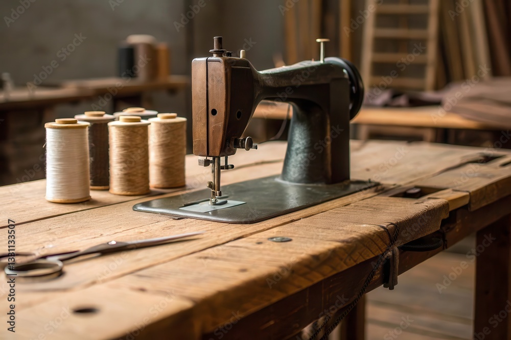 Fototapeta premium Sewing Machine With Eco Friendly Thread Spools on Rustic Wooden Table in a Workshop Setting Generative AI