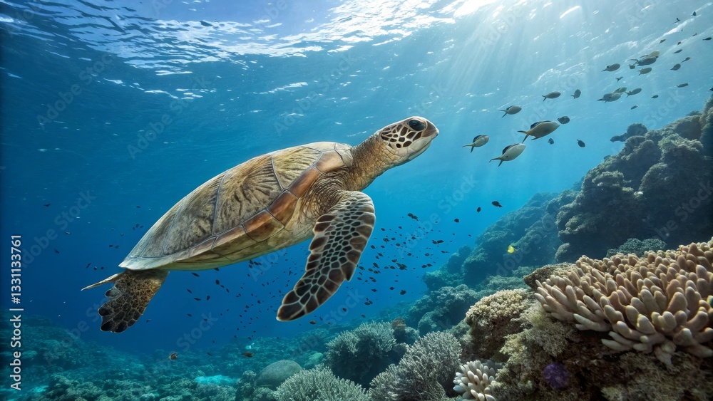Fototapeta premium Sea Turtle Swimming in Coral Reef