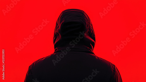 Thief Escaping After Burglary in Action, person in hooded jacket stands against vibrant red background
