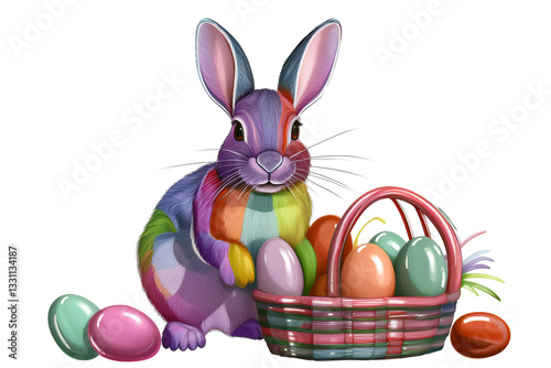 A cute little bunny happily surrounded by vibrant, colorful Easter eggs in a cheerful festive setting