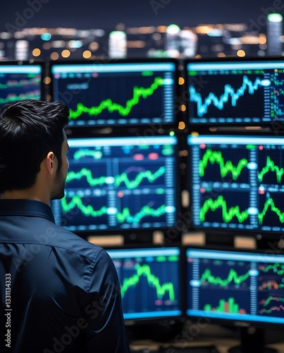 Stock market trader analyzing financial data on multiple screens, monitoring stock market trends, investment opportunities, and economic fluctuations in a high-tech office
