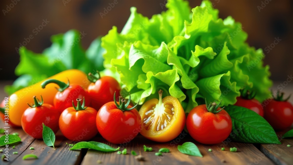 A vibrant still life featuring ripe red tomatoes, a halved yellow tomato, and a lush head of lettuce, arranged on a rustic wooden surface, conveying freshness and healthy eating. A vibrant still life featuring ripe red tomatoes, a halved yellow tomato, and a lush head of lettuce, arranged on a rustic wooden surface, conveying freshness and healthy eating.