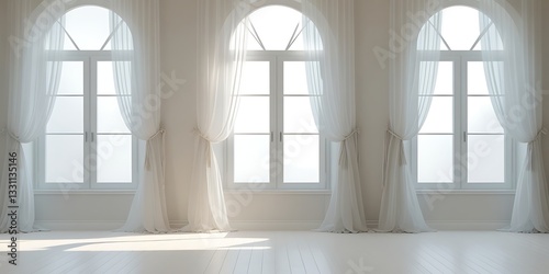 Elegant arched windows adorned with flowing sheer white curtains  creating a bright and airy atmosphere with soft natural light filtering through  