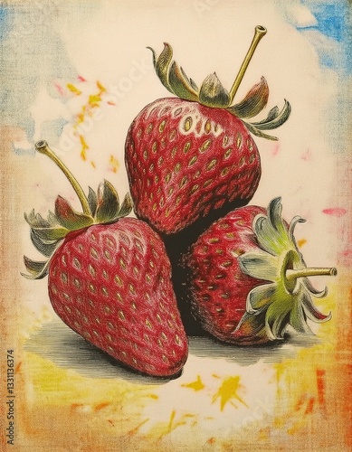 old timey illustration, etching of three strawberries photo
