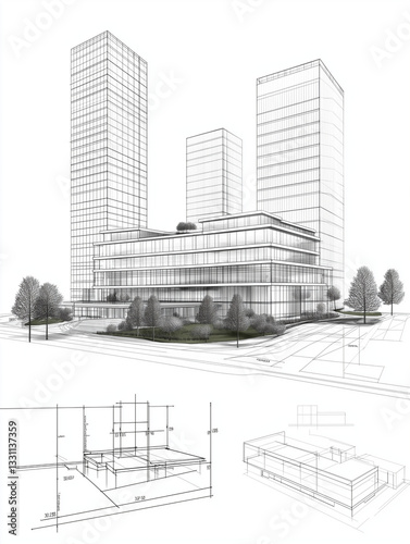 Architectural Blueprint: An architectural blueprint of a modern cityscape, showcasing a combination of skyscrapers and detailed floor plans, offers a glimpse into the design and construction process.