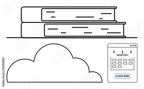 Stacked books, cloud icon, and a monthly subscription calendar represent online learning, digital access, and resource sharing. Ideal for education, cloud storage, digital tools, learning platforms