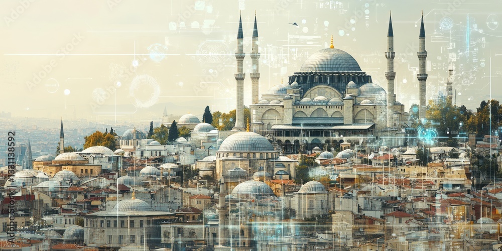 Obraz premium Istanbul cityscape with mosque minarets and digital overlay