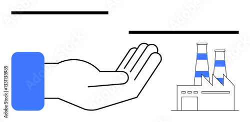 Open hand gesture facing a factory structure with smokestacks. Ideal for themes thumbs up industry, sustainability, care, corporate responsibility, support, environmental awareness, flat simple