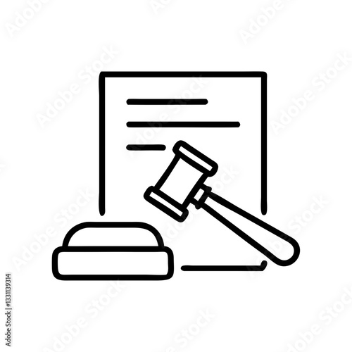 Legal document and gavel icon, representing justice and legal authority, black outline, modern design