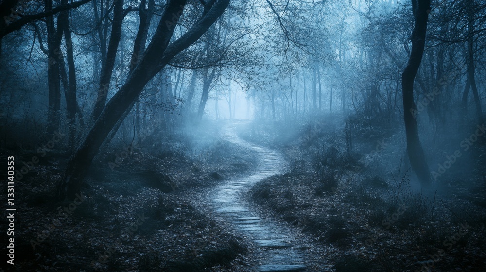 Fototapeta premium A dark, foggy forest with a mysterious winding pathway disappearing into the misty shadows. 