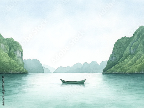 Serene Mountain Bay Landscape Watercolor Painting