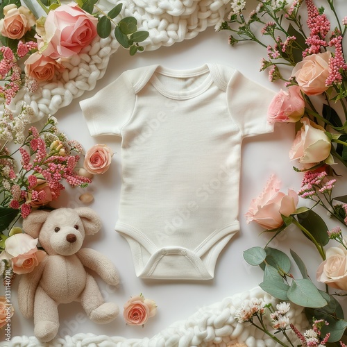 newborn baby clothes white onesie mockup with flowers flatlay