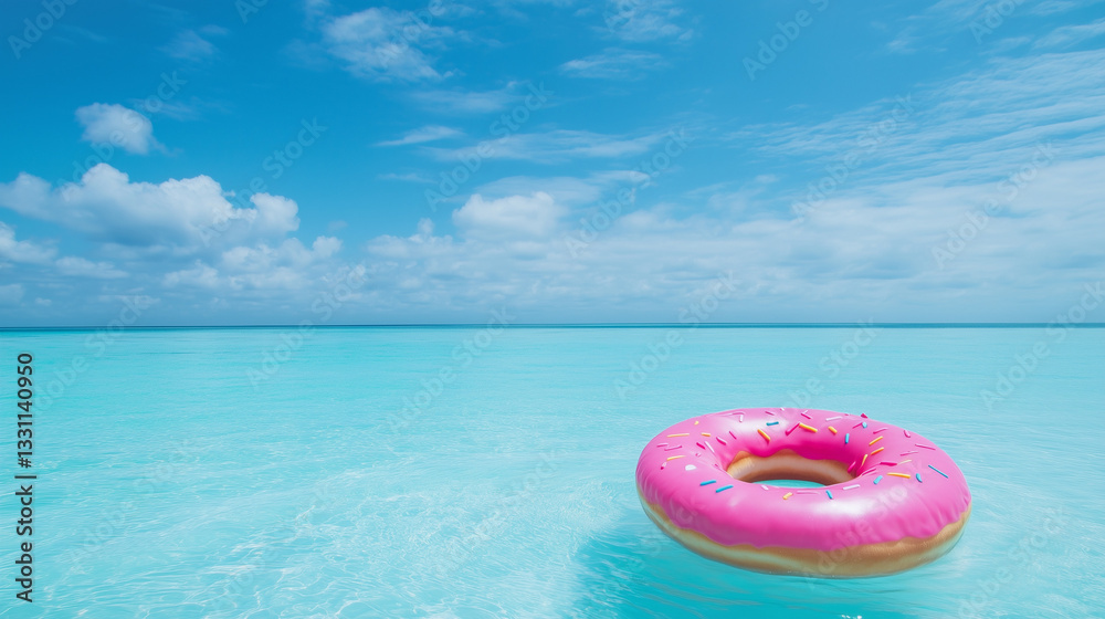 Ocean Getaway: A pink donut-shaped inflatable floats on a serene, crystal-clear turquoise ocean under a bright blue sky, evoking feelings of relaxation and vacation. Ocean Getaway: A pink donut-shaped inflatable floats on a serene, crystal-clear turquoise ocean under a bright blue sky, evoking feelings of relaxation and vacation.