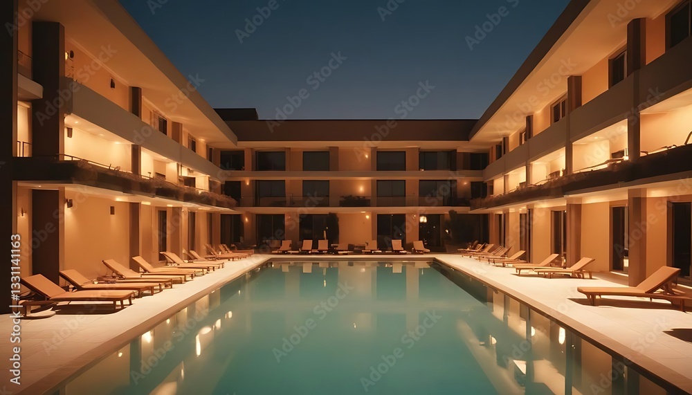 Fototapeta premium A Luxury Hotel Pool Lit Up at Night With Loungers Present