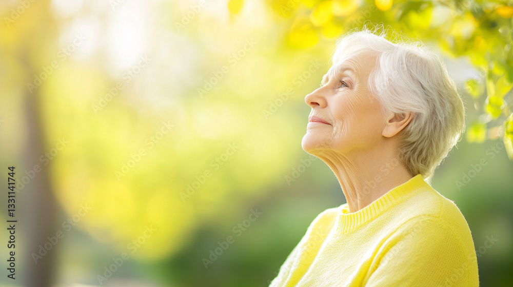 Serene Moment: A portrait captures an older woman with her eyes gently closed, her face tilted up towards the soft sunlight filtering through the leaves, creating a sense of peace and contentment. Serene Moment: A portrait captures an older woman with her eyes gently closed, her face tilted up towards the soft sunlight filtering through the leaves, creating a sense of peace and contentment.