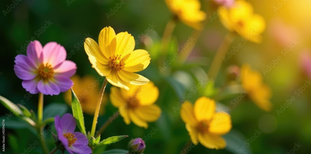 Sun-kissed nemesia flowers with yellow and purple petals on a lush green background, blooming, floral, garden Sun-kissed nemesia flowers with yellow and purple petals on a lush green background, blooming, floral, garden