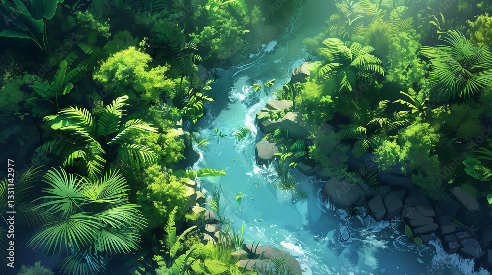 Fototapeta premium A river flowing through a dense jungle with vibrant greenery