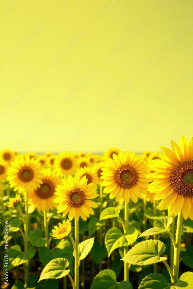 Fototapeta premium Sunflowers in a field with bright yellow background texture, landscape, wheat