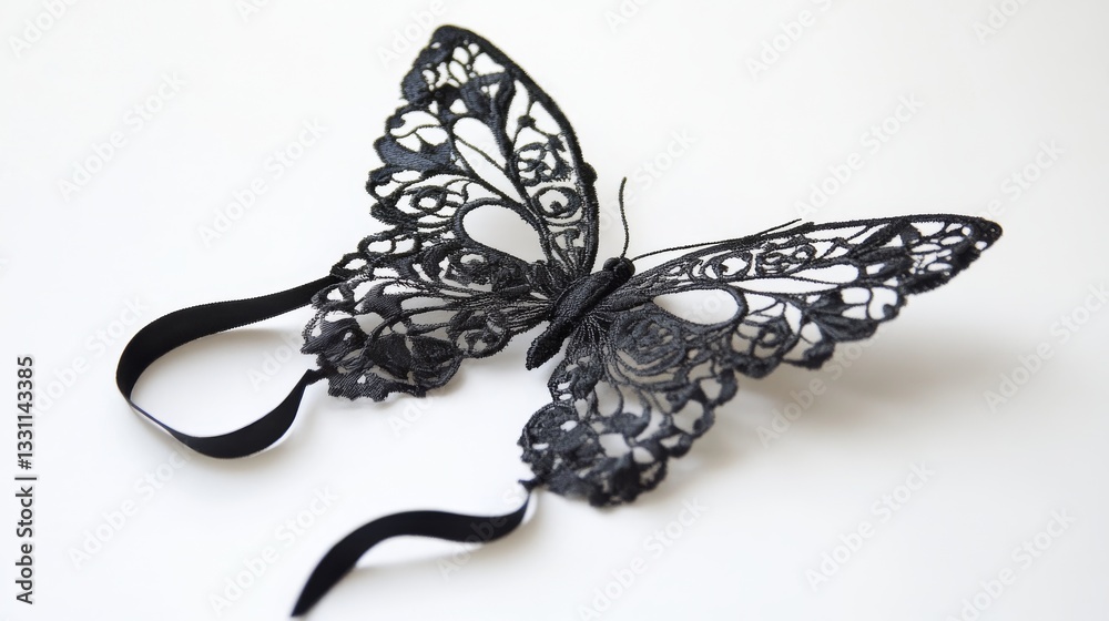 Fototapeta premium Black lace butterfly with a delicate black ribbon, set against a white background. 