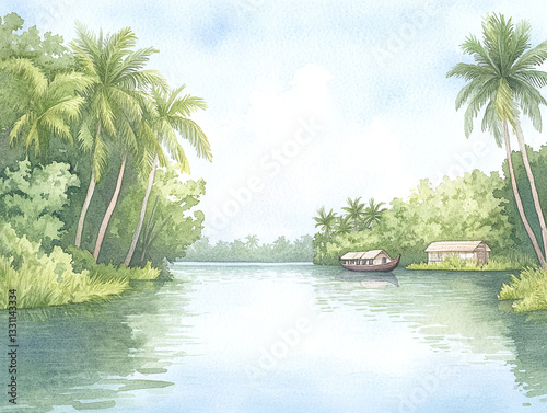 Serene River Scene with Houseboat