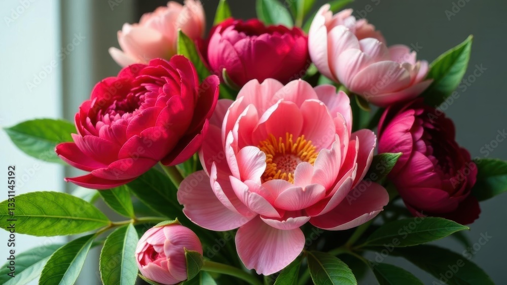 A vibrant bouquet of handcrafted blossoms, showcasing delicate pink and rich crimson petals, arranged with lush green foliage, creating a captivating floral display A vibrant bouquet of handcrafted blossoms, showcasing delicate pink and rich crimson petals, arranged with lush green foliage, creating a captivating floral display