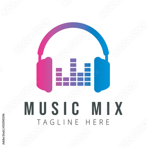 Modern music logo with stylish headphones and text in gradient colors. Perfect for music projects, DJs, recording, podcasts, radio, streaming services, online platforms, festivals and blogs