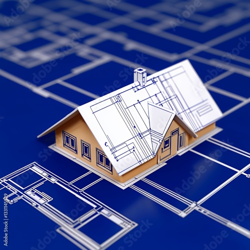 Wallpaper Mural Tan House Model on Blue Architectural Blueprints Torontodigital.ca