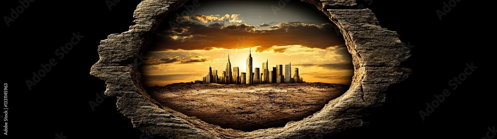 Obraz premium Surreal View of a Futuristic Cityscape Framed by an Abstract Natural Structure at Sunset with Dramatic Clouds and Warm Colors