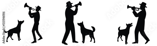 Silhouette artwork of musicians playing trumpets with dogs nearby, a tribute to the emotional connection between sound, humans, and animals