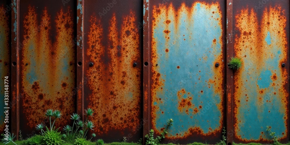 Rustic Metal Wall Paneling with Lush Greenery at Base A Textured Image Showing Aged, Weathered, and Patina-Covered Metal Surface Rustic Metal Wall Paneling with Lush Greenery at Base A Textured Image Showing Aged, Weathered, and Patina-Covered Metal Surface
