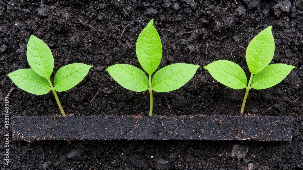 Naklejka premium Three Green Seedlings in Black Planter, Closeup