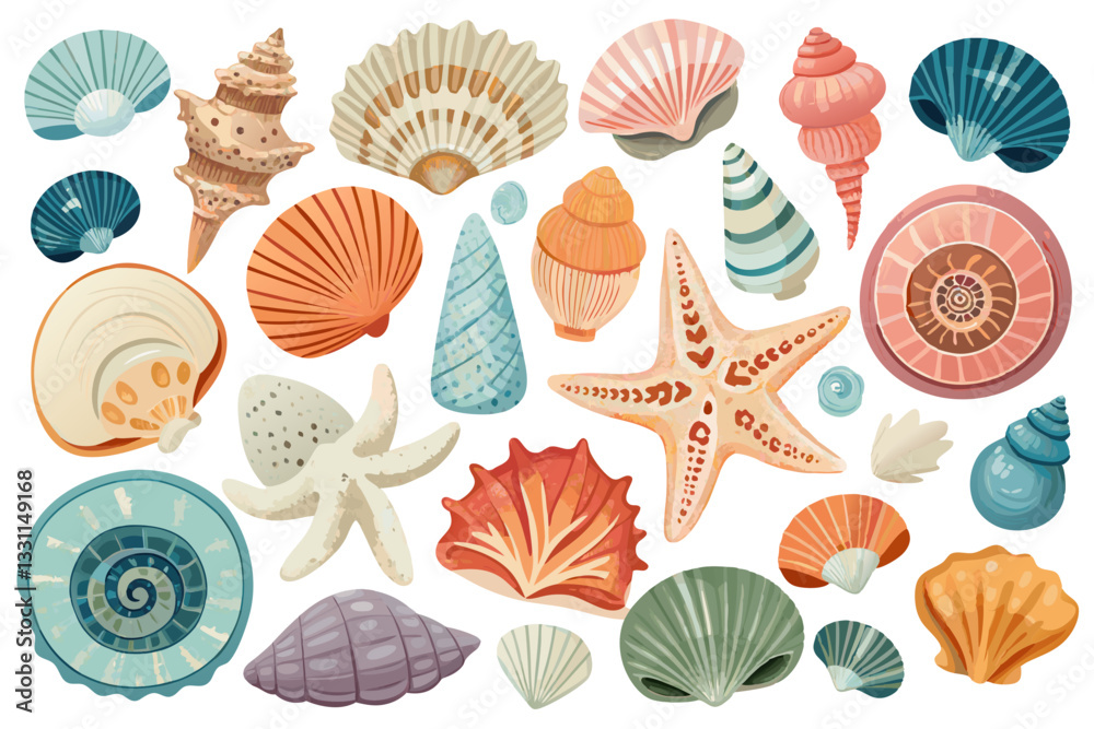 A vibrant set of sea shells, mollusks, sea snails, and starfish in a modern flat style.
A vibrant set of sea shells, mollusks, sea snails, and starfish in a modern flat style.