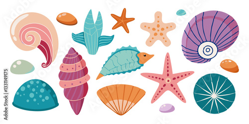 A vibrant set of sea shells, mollusks, sea snails, and starfish in a modern flat style.
