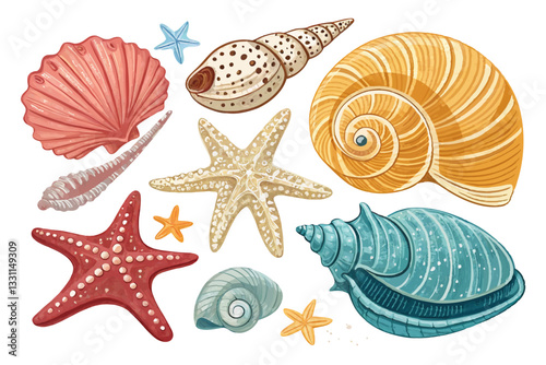 A vibrant set of sea shells, mollusks, sea snails, and starfish in a modern flat style.
