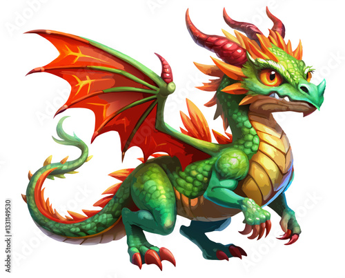 A magical collection of fantasy dragon illustrations featuring flying monster characters in red, green, and orange.
