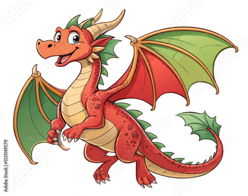 A magical collection of fantasy dragon illustrations featuring flying monster characters in red, green, and orange.

