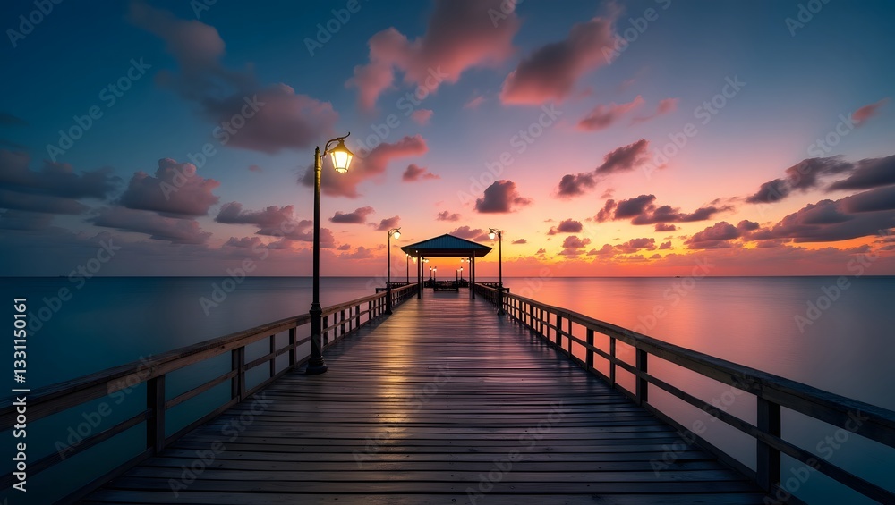Tranquil evening scene with a golden horizon and pier Tranquil evening scene with a golden horizon and pier