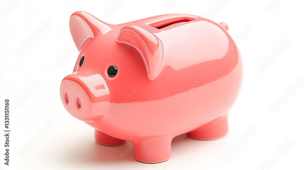 Piggy bank sitting on a white surface with a shiny finish and a cheerful appearance Piggy bank sitting on a white surface with a shiny finish and a cheerful appearance