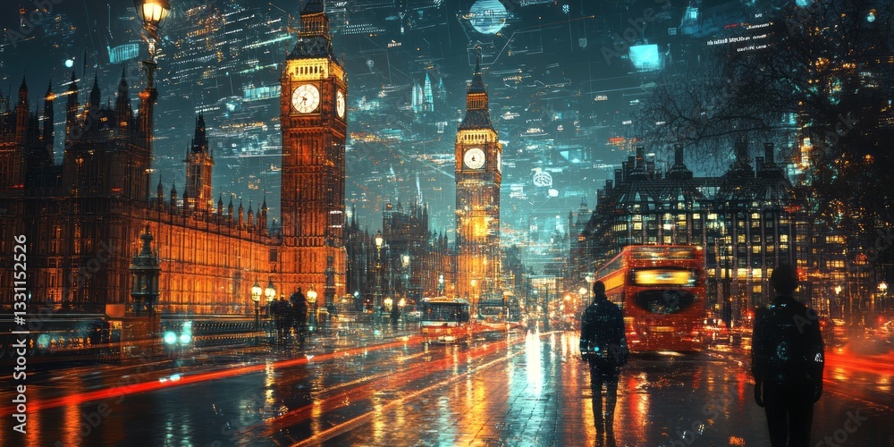 Fototapeta premium London cityscape with Big Ben and futuristic data overlays