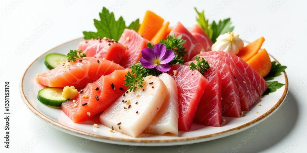 A vibrant arrangement of assorted raw fish slices, meticulously prepared and artfully presented on a pristine plate, garnished with fresh herbs, edible flowers, and cucumber slices. A vibrant arrangement of assorted raw fish slices, meticulously prepared and artfully presented on a pristine plate, garnished with fresh herbs, edible flowers, and cucumber slices.