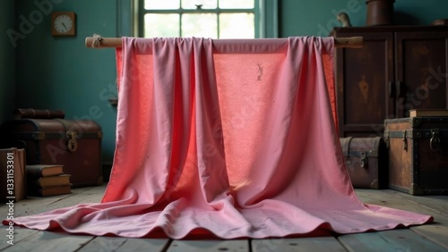 A delicately draped pink textile hangs from a rustic wooden rod in a dimly lit room with antique chests and books