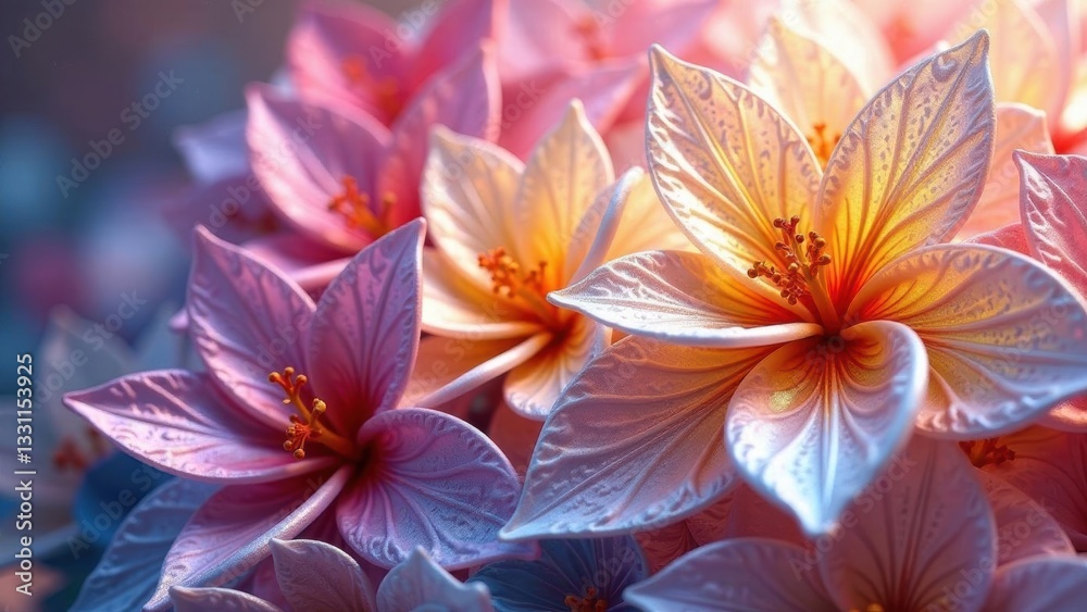 Close-up view of delicate, pastel-hued blossoms with intricate petal details, bathed in soft, warm light, creating a serene and beautiful floral arrangement. Close-up view of delicate, pastel-hued blossoms with intricate petal details, bathed in soft, warm light, creating a serene and beautiful floral arrangement.