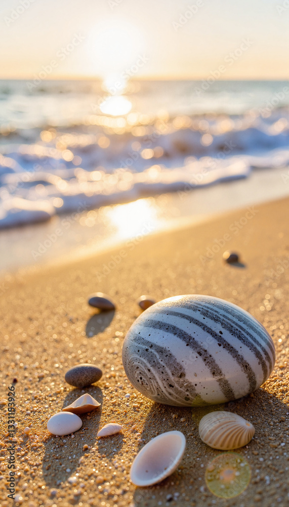 Polished pebble resting on golden sand at sunset, nature's beauty Polished pebble resting on golden sand at sunset, nature's beauty