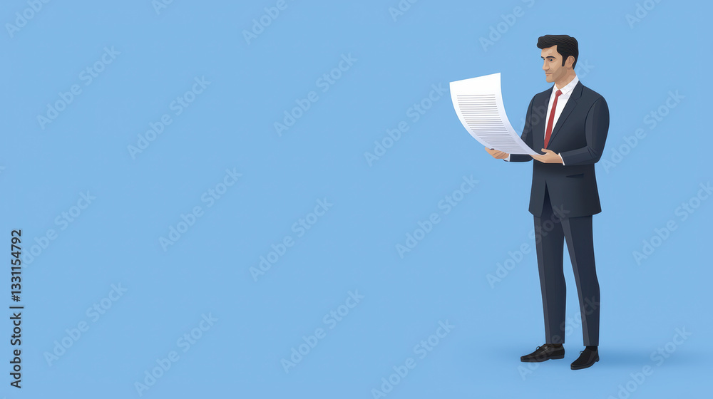 businessman in suit examines document against blue background, conveying professionalism and focus businessman in suit examines document against blue background, conveying professionalism and focus