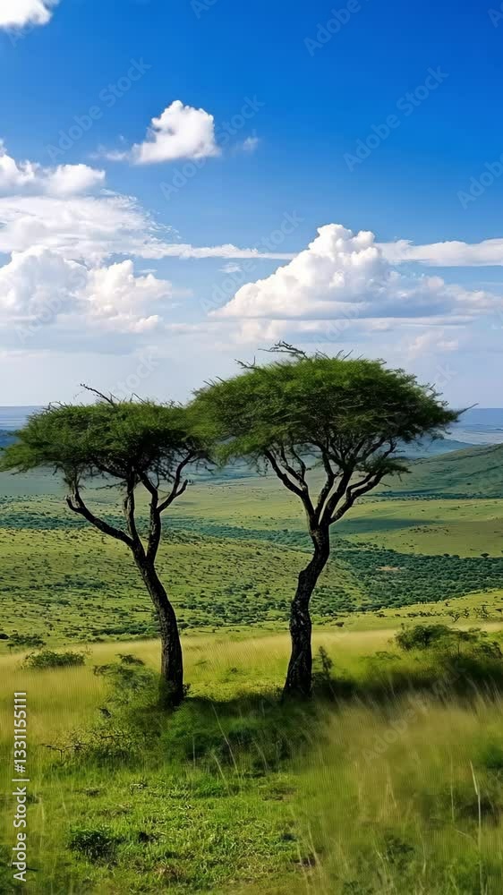 Two acacia trees stand against a blue sky over a lush green savannah landscape in the afternoon light Two acacia trees stand against a blue sky over a lush green savannah landscape in the afternoon light