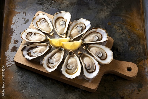 A high-quality photo of fresh oysters on a wooden cutting board