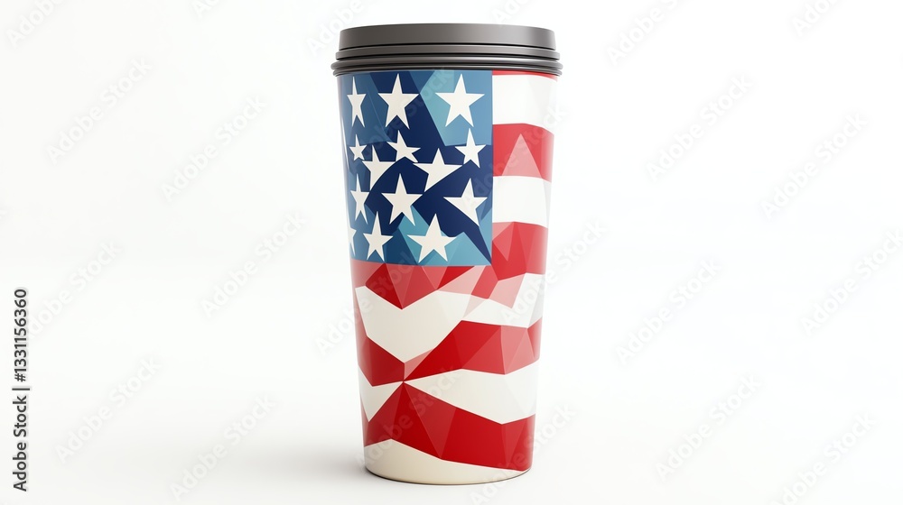 Coffee cup with American flag design, white isolated background. Coffee cup with American flag design, white isolated background.