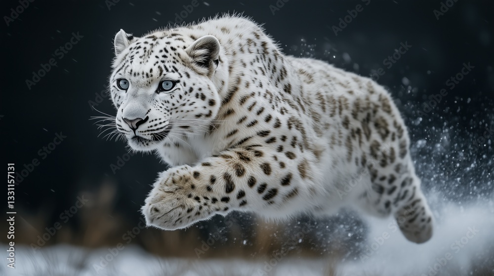 Fototapeta premium Snow leopard running through the snow