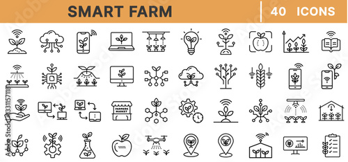 Smart Farm Icon Set – Precision Agriculture, IoT Farming, AgriTech, Automated Irrigation, Smart Greenhouse, Data-Driven Cultivation